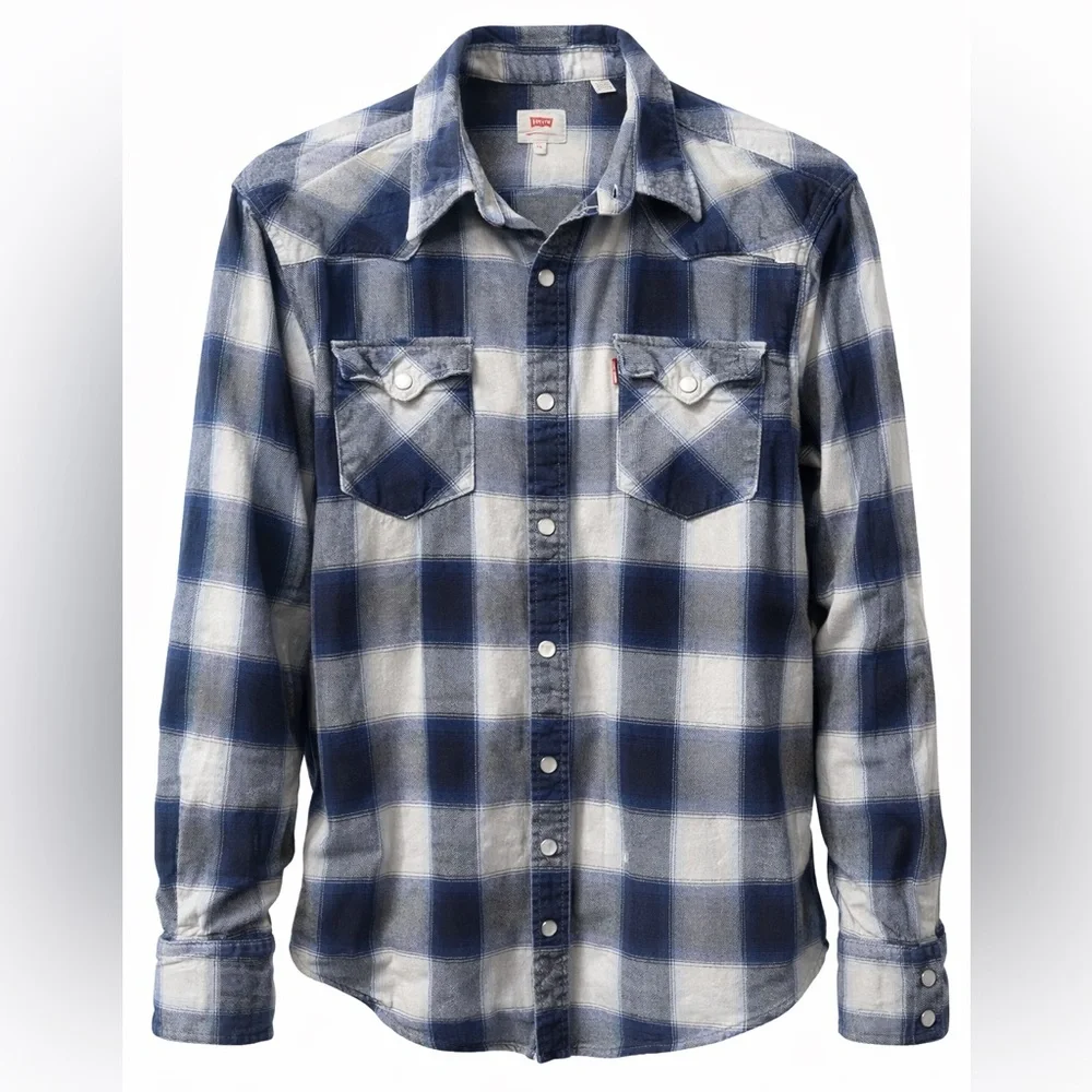 Levi's Men's XL Blue Plaid Snap Button Flannel Shirt Grunge Distressed